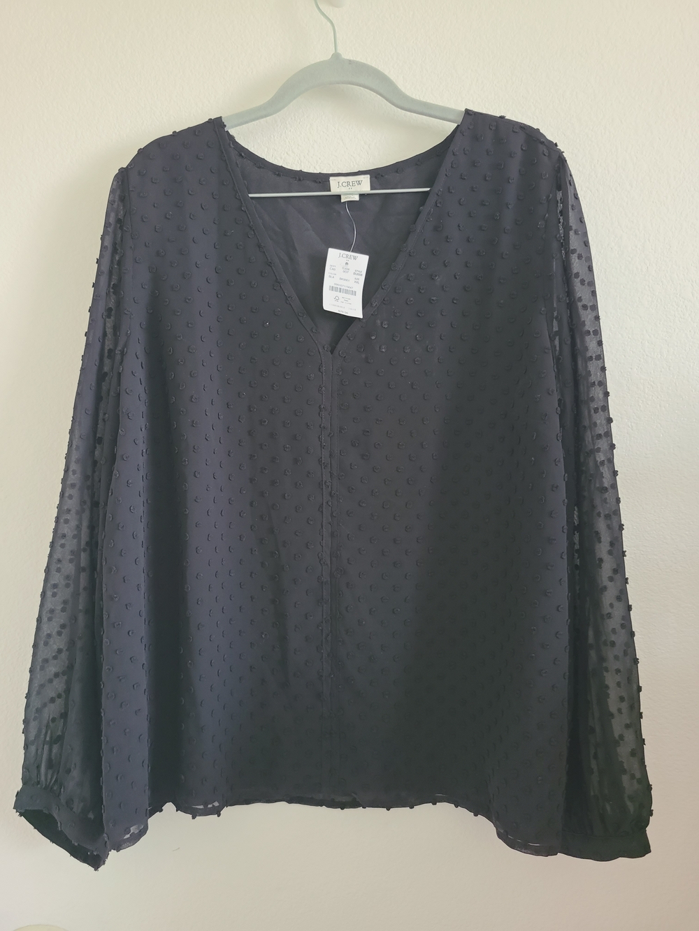 J. Crew Black Swiss Dot V-Neck Long-Sleeve Blouse